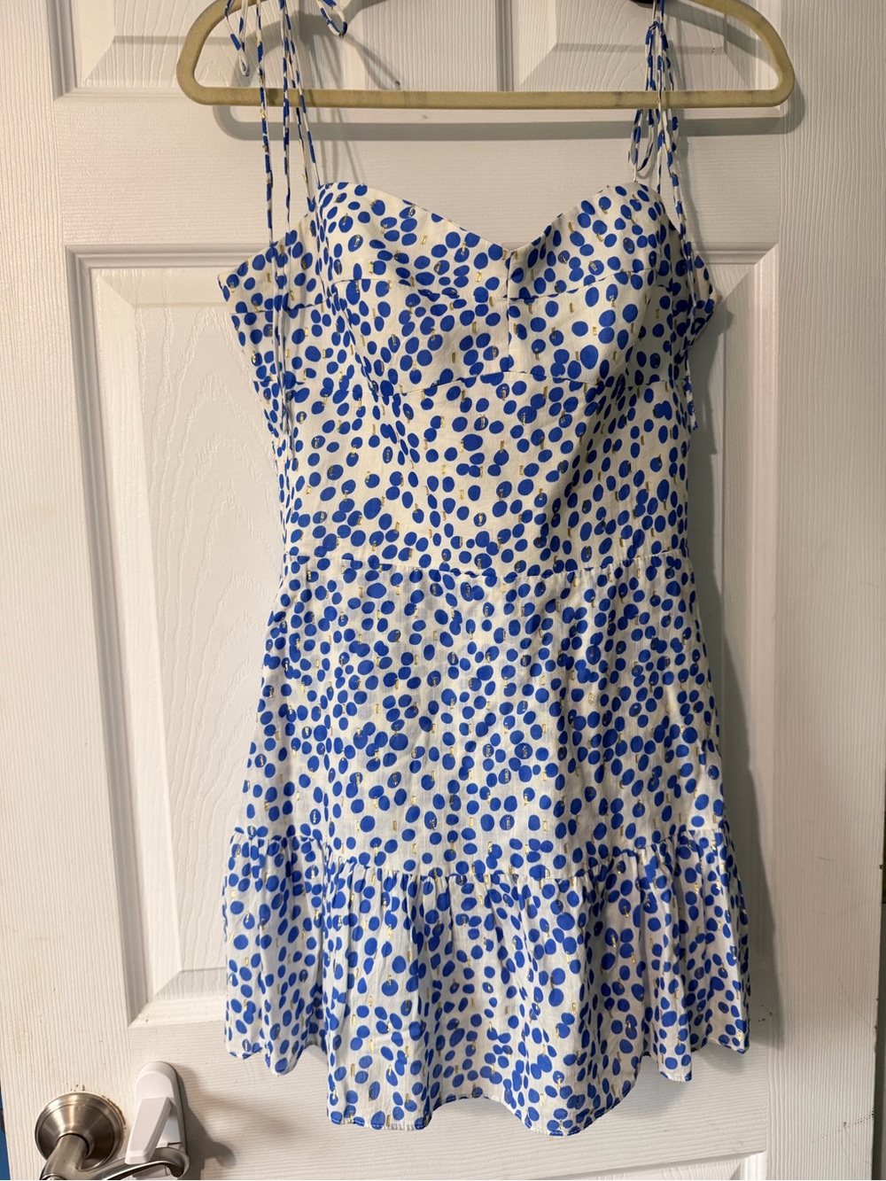 Amanda Uprichard Champagne Skort Romper Mini Dress with Blue Polka Dots